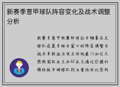 新赛季意甲球队阵容变化及战术调整分析
